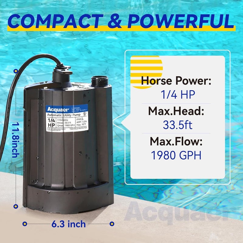 Acquaer 1/4 HP Automatic Sump Pump, 115V Submersible Water Pump with 3/4” Garden Hose Check Valve Adapter,1980 GPH High Flow Water Removal for Swimming Pool Cover Hot Tubs Flooded House Basement - Image 2